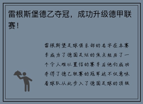 雷根斯堡德乙夺冠，成功升级德甲联赛！